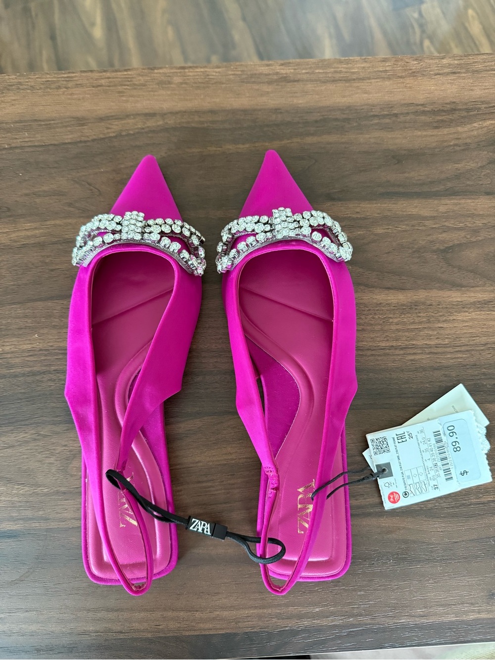 Zara flats pointed toe rhinestones sling back fuchsia size 6.5 NWT - Picture 3 of 8